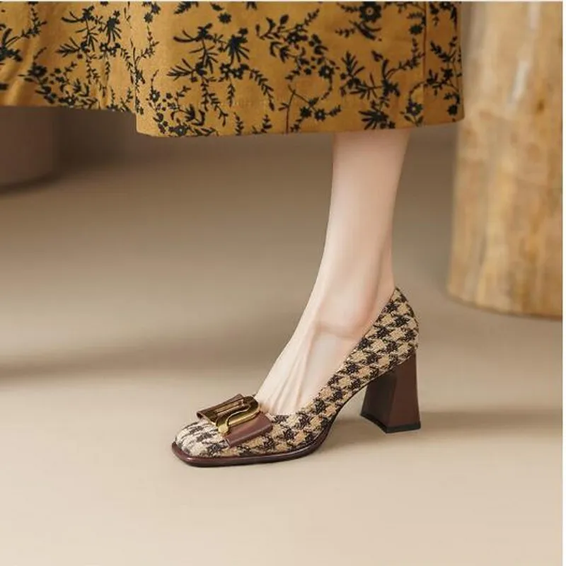 Rome Vintage Style Paid Bow tie Mary Jane Shoes for Women Fashion Brown T Show Spring Chunky heel Metal Buckle High heeled Shoes Driving Loafers