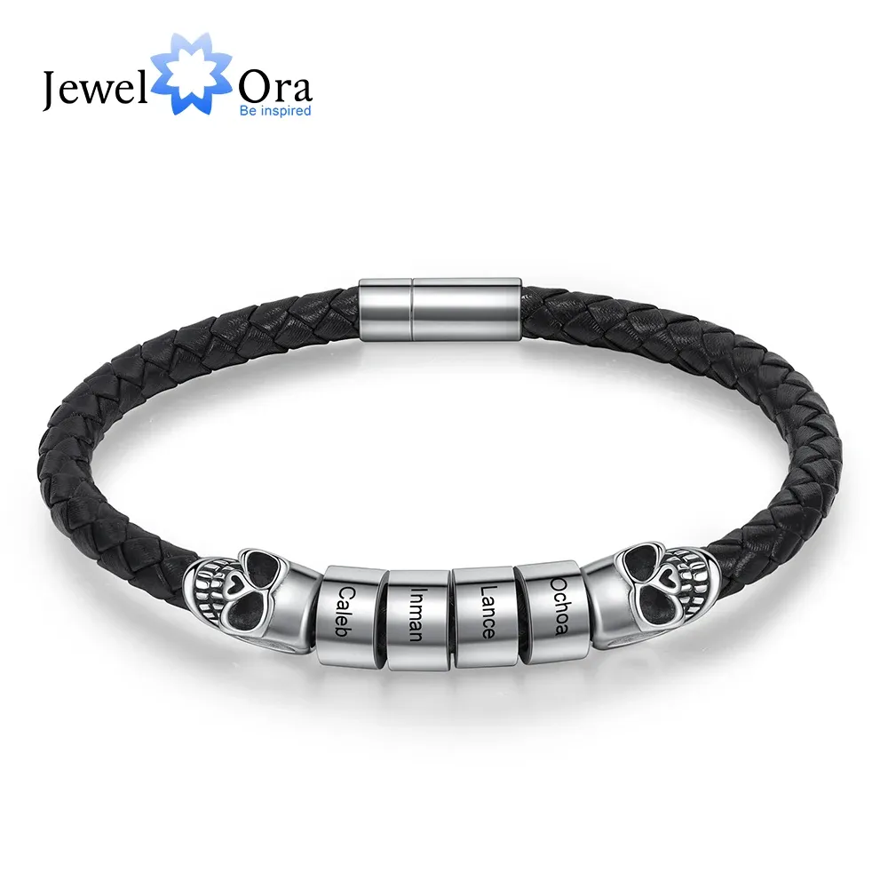 Pulseiras personalizadas com nome gravado, pulseira de halloween com caveira, contas de gravação personalizadas, pulseira de couro masculina, presentes para marido e pai