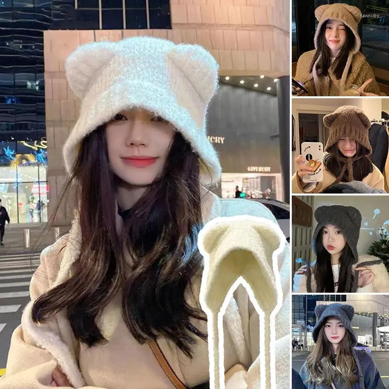 Basker vinter stickad öronskydd hatt bär kvinnor öronmuffar mössa ull virkning motorhuven mångsidig varm snörning upp huvudbonad