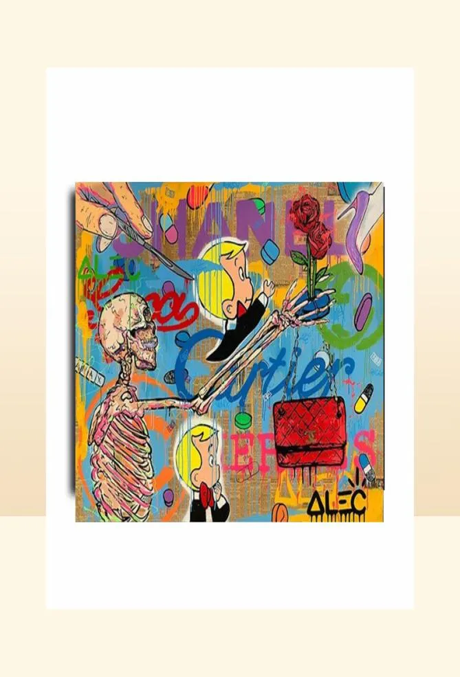 Alec Monopoly Graffiti Handcraft Ölgemälde auf Leinwand „Skelette und Blumen“, Heimdekoration, Wandkunst, Gemälde, 2432 Zoll, N9018515