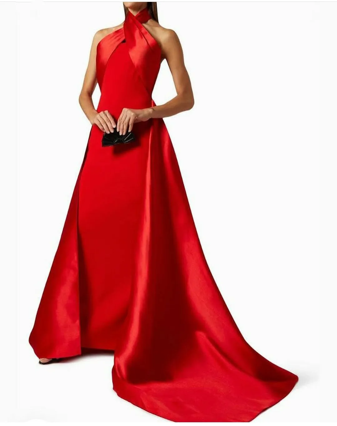 Vintage Long Red Crepe Evening Dresses With Train Sheath Satin Halter Neck Zipper Back Floor Length Prom Dress Party Dresses for Women