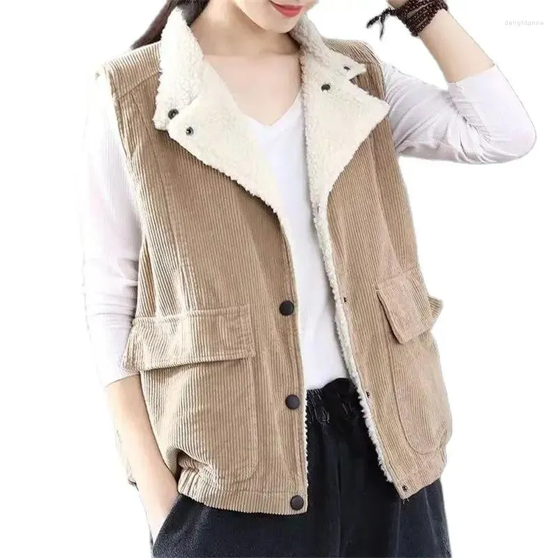 Women's Vests Retro Corduroy Waistcoat Women Jacket Plus Velvet Thick Lamb Wool Sleeveless Coat Ladies 2024 Autumn Winter Female Vest Tops