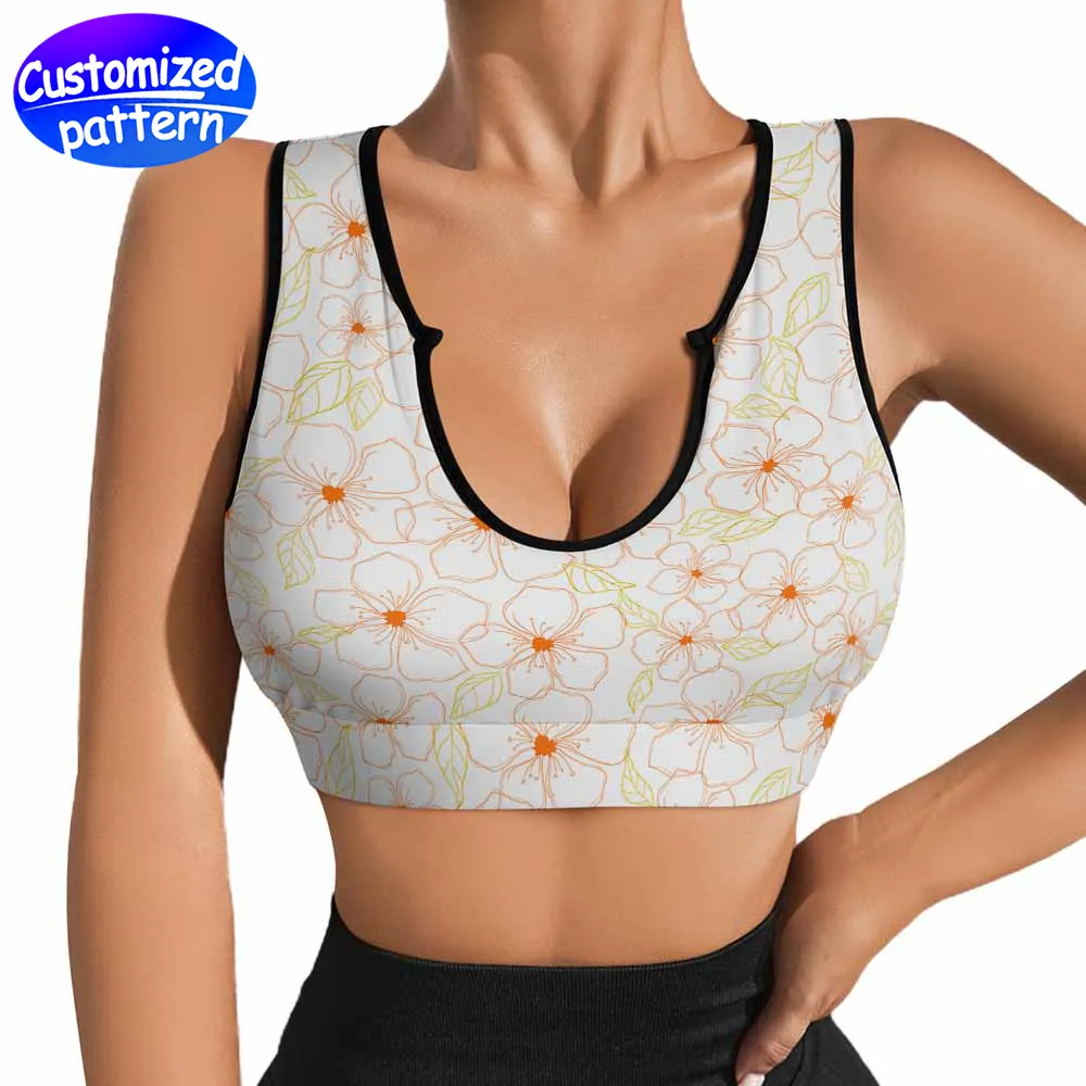 Custom women's high quality yoga top HD pattern U-neckline design navel sports vest Breathable sweat absorbent polyester ammonia double-sided cloth 146g white