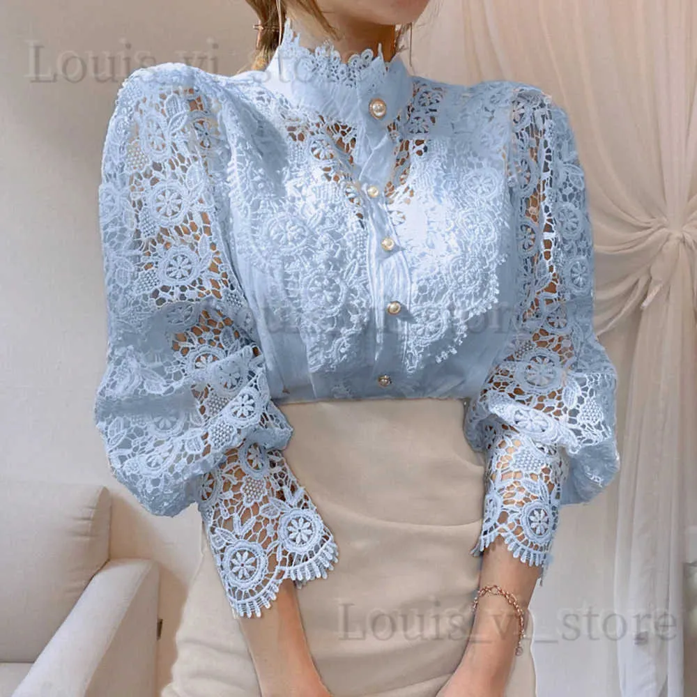 Women's Blouses Shirts Womens Elegant Embroidery Lace Blouses Flower Petal Sleeve Hollow Out Stand Collar Tunic Spring Solid White Shirt Top For Women T240221