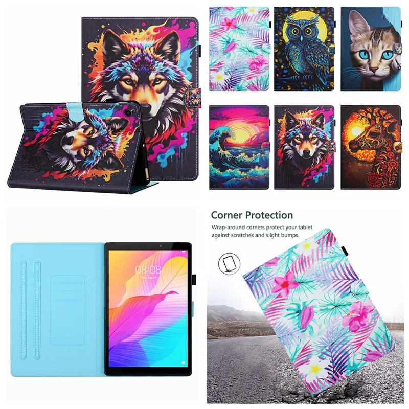 Modeläderplånbok tablettfodral för iPad 10.9 22 Pro 11 Air4 Air5 10.9 10.2 10.5 Air Air2 9.7 Flower Leaves Animal Owl Cat Waves Wolf Giraffe Print Flip Cover Holder Pouch