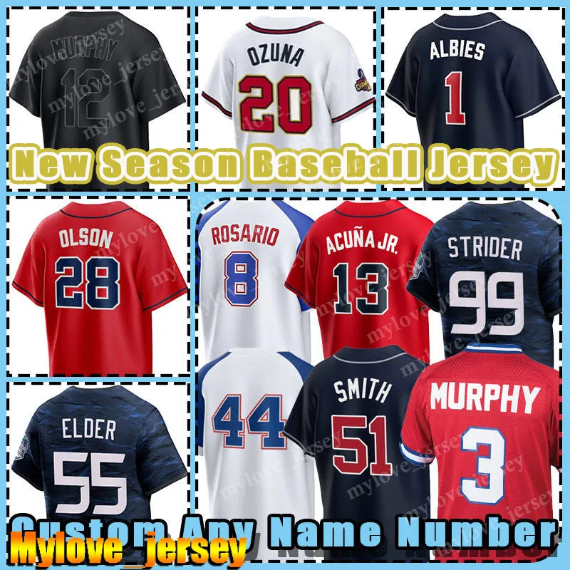 13 Ronald Acuna Jr 28 Matt Olson Jerseys Baseball Braves 1 Ozzie Albies 11 Orlando Arcia 12 Sean Murphy Chris Sale Max Fried Dale Murphy Spencer Strider Chipper Jones