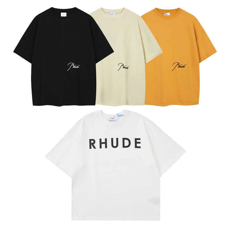 デザイナーrhudeTシャツメンズは市場通貨rhudeシンプルレター刺繍ゆるい男性と女性ソリッドカラー半袖Tシャツカジュアル