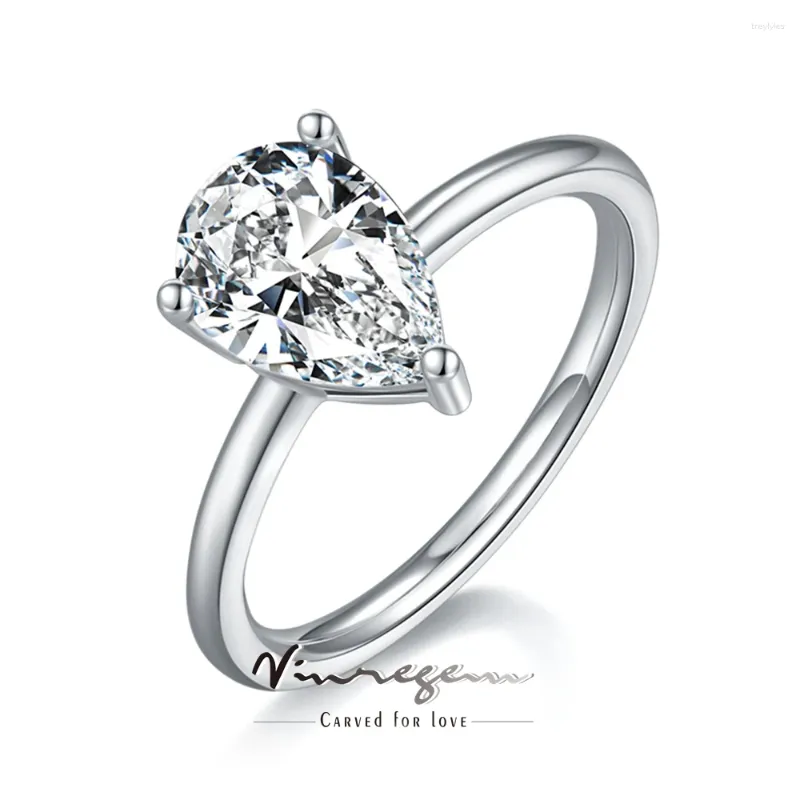 クラスターリングvinregem Classic 925 Sterling Silver 3Ex VVS1 PEAR CUT 2CT REAL MOISSANITE DIAMONDS女性リングエンゲージメントジュエリーウェディング