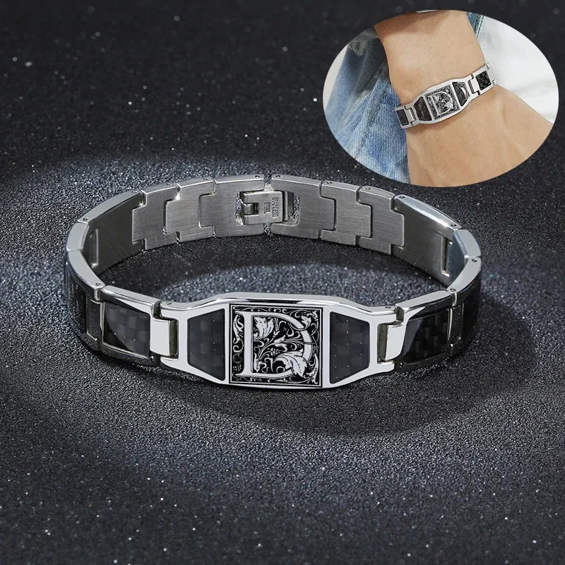 Bracelets Unique Men Letter Bracelet Stainless Steel Hand Chain ID Bracelets Carbon Fiber Fashion Bangle Charm Jewelry