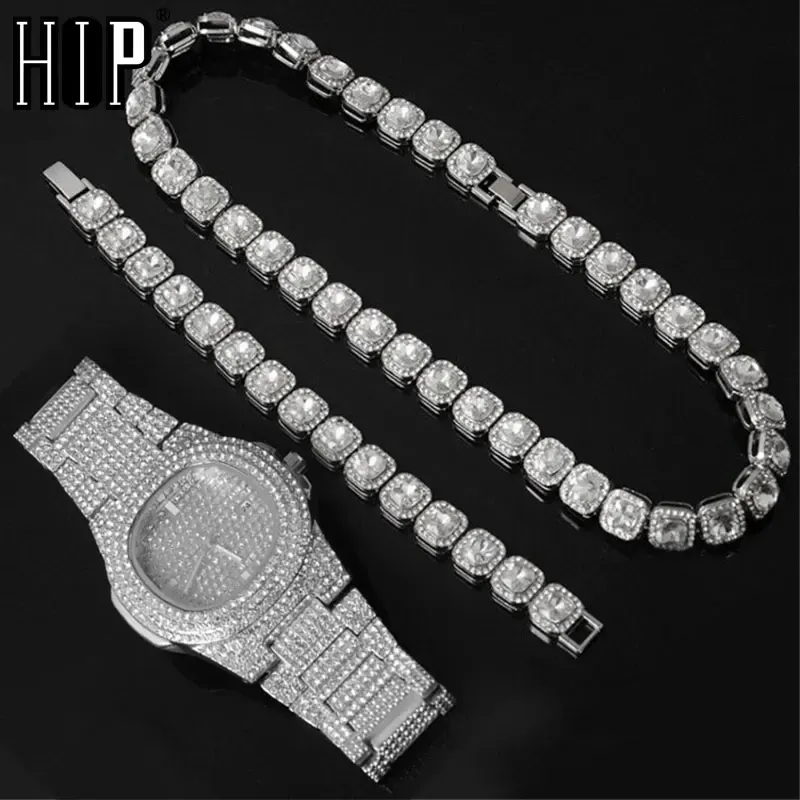 Necklaces HIP 12MM Prong Tennis Necklace +Baguette Watch+Bracelet Hip Hop Chain Iced Out Bling Paved Rhinestones CZ Bling For Men Jewelry