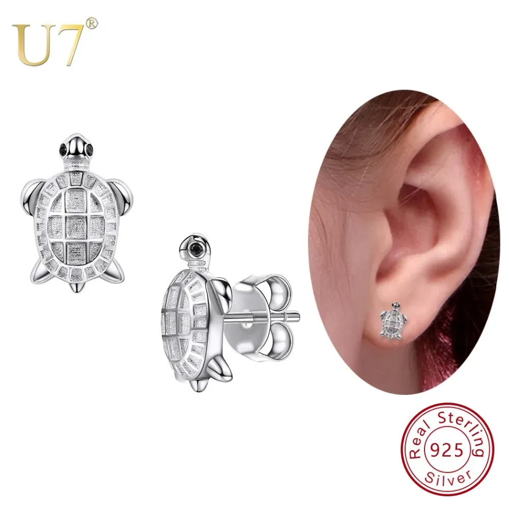 Boucles d'oreilles U7 en argent Sterling 925, petite tortue mignonne, clou d'oreille pour femme, breloque animale, Type Push Back, bijoux chics quotidiens