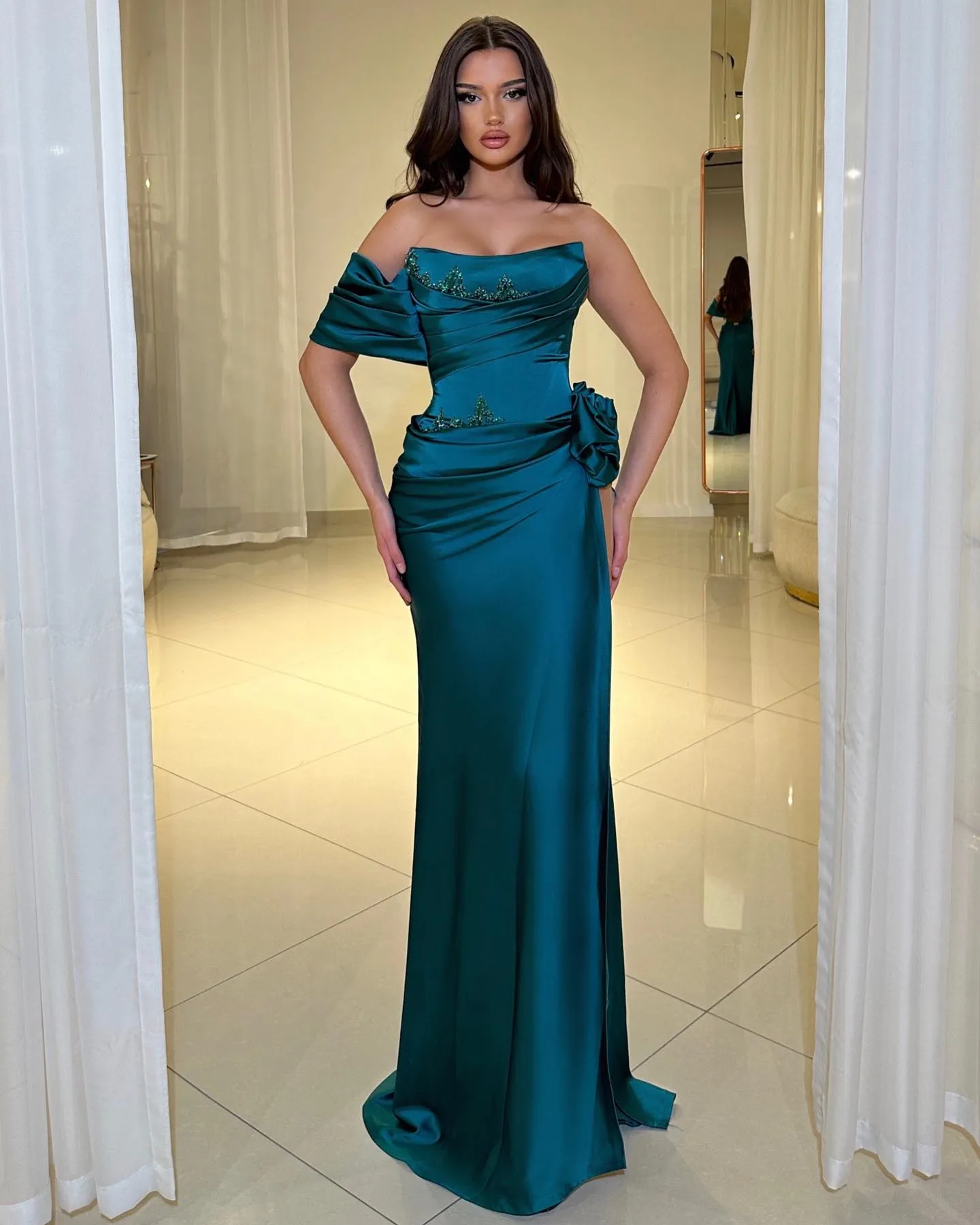 Dark Green Satin Prom Dress Off-the-Shoulder Sheath Silhouette with Beaded  Embellishment and Sweep Train from Dhgate Prom Dresses - price 326.52