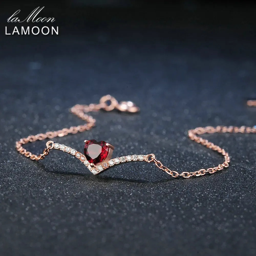 Bangles Lamoon Heart 100% Natural Gemstone Classic Red 0,3ct Garnet 925 Sterling Silver Sieraden 18kgp Chain Charmelet S925 LMHI011