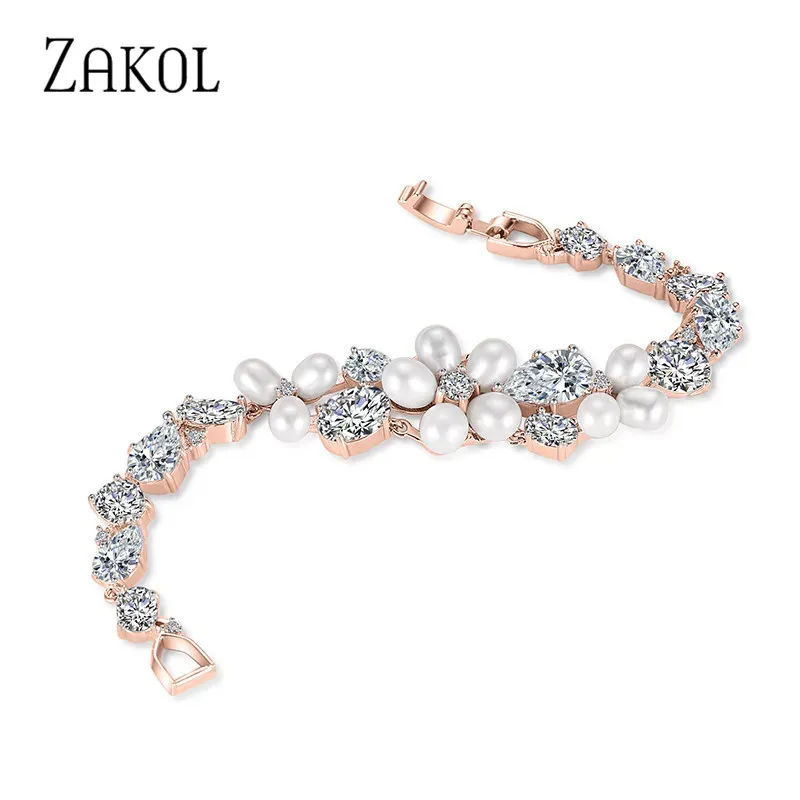 Pulseiras Zakol na moda imitação de pérola pulseiras pulseiras para mulheres luxo marquise zircônia folha nupcial vestido de casamento jóias bp127