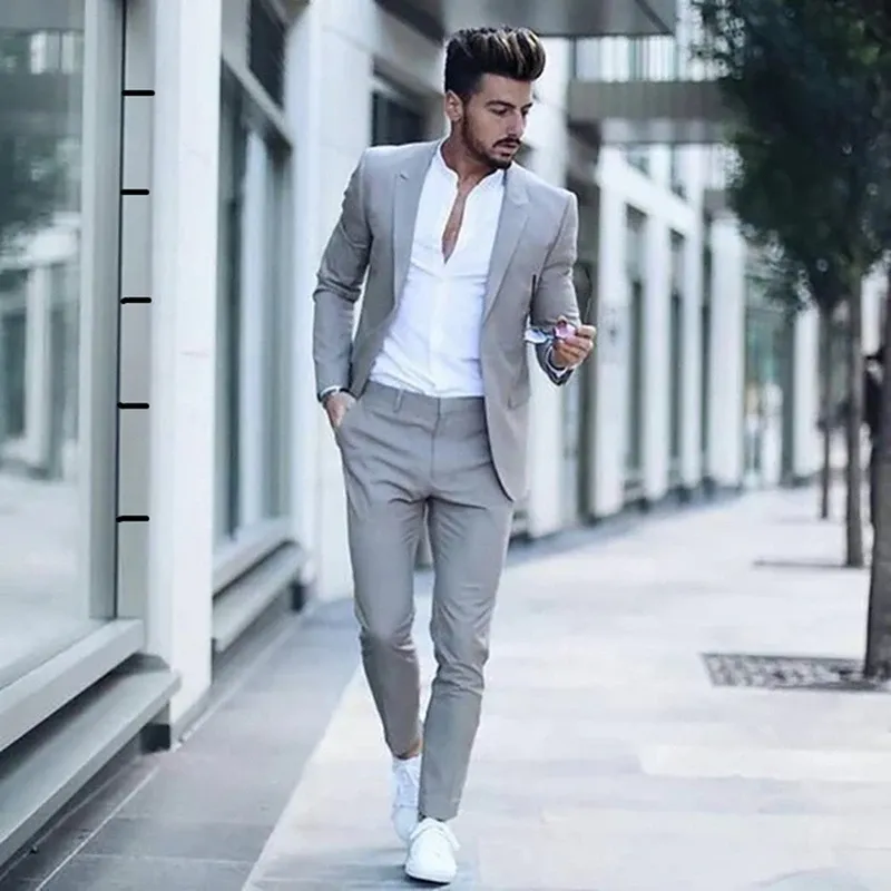 Suits Fashion Casual Light Grey Suits For Men Slim Fit 2 Piece Sets Formal Wedding Groom Prom Tuxedo Male Office Business Blazer Pants