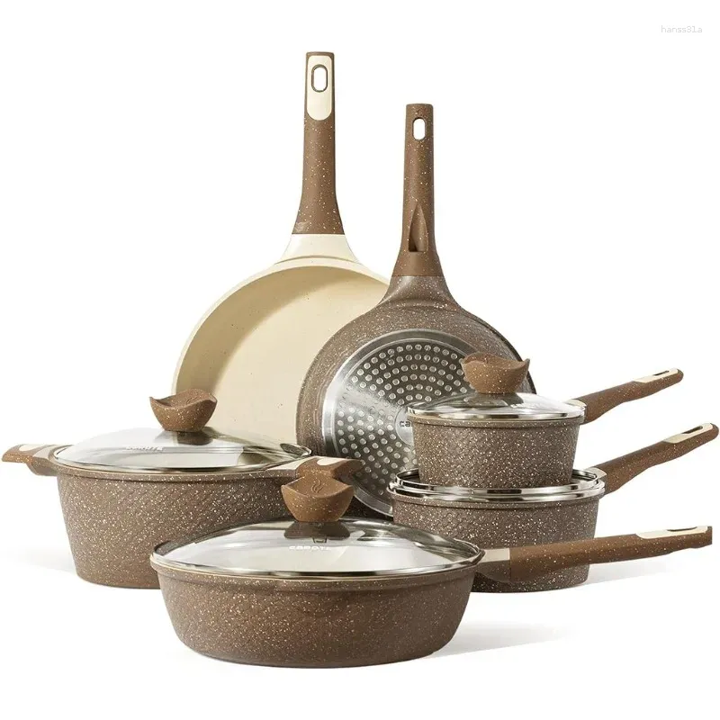 Set di pentole Set da cucina in pietra a induzione sana, antiaderente, set da cucina in granito con padelle, casseruola PFOS senza PFOA (granito marrone)