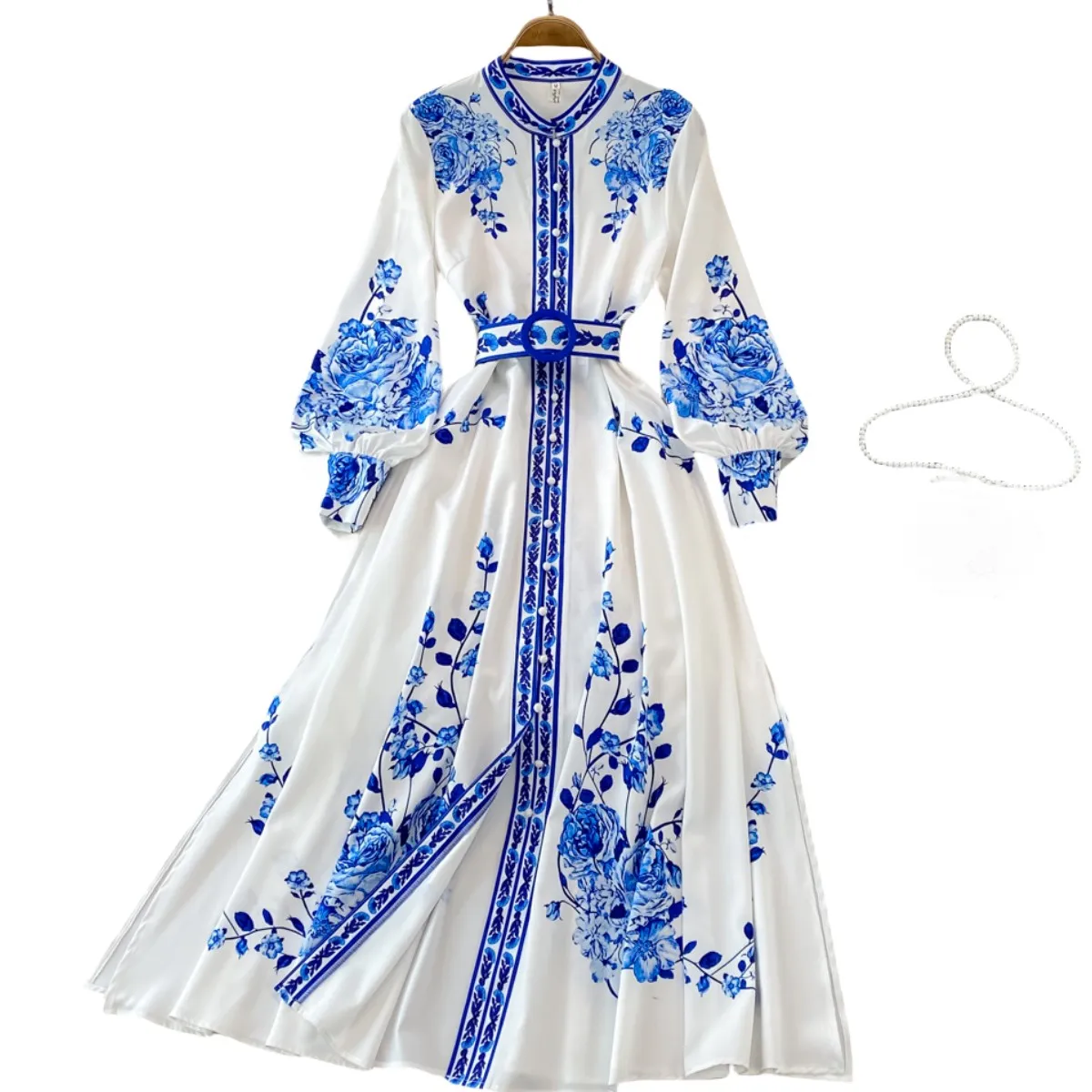 Blau-weißes Porzellan bedrucktes einreihiges Kleid mit Rundhalsausschnitt S M L XL 2XL
