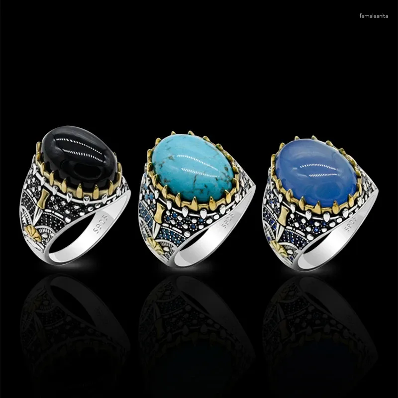 Cluster Ringen Echte Agaat/Onyx/Turquoise Mannen 925 Sterling Zilver Grote Ovale Natuursteen Sieraden Voor Vrouwen Mannelijke vintage Gouden Kroon
