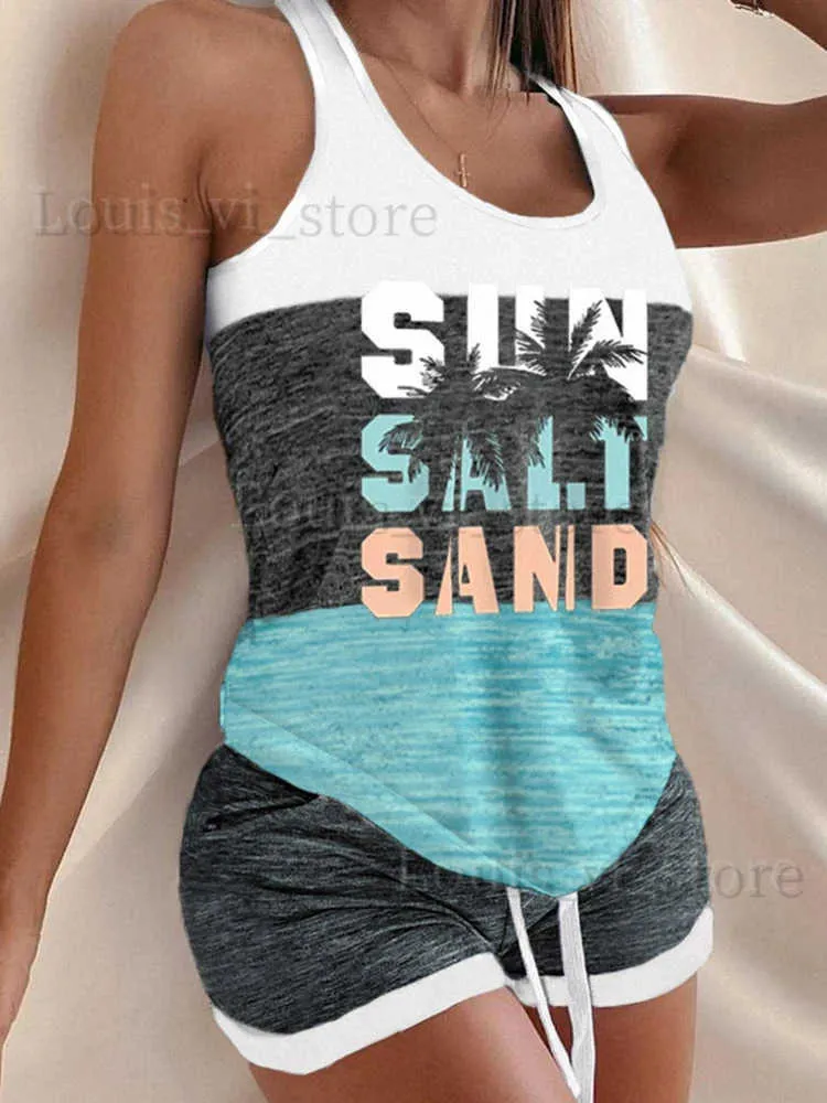 Women's Sleepwear Women Casual Sleeveless Set Sleepwear Sun Salt Sand Color Block Coconut Tree Tank And Shorts Pajamas Set Comfortable Casual New T240221