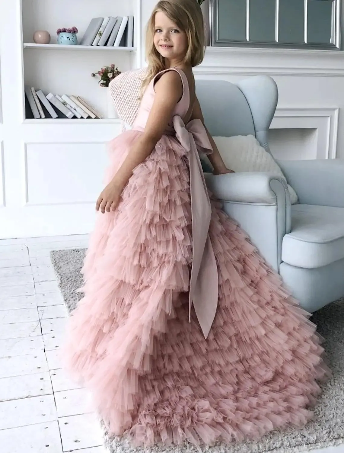 Princess Pageant Dress with Cacscading Ruffles, Jewel Neckline, Backless Design, and Big Bow Sash - Perfect for Teens' Formal Parties and Birthdays (