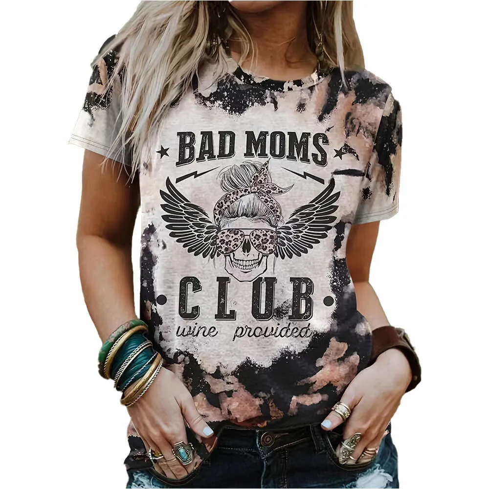 Camiseta de manga corta con cuello redondo y estampado de letras de águila americana teñida con lazo para mujer