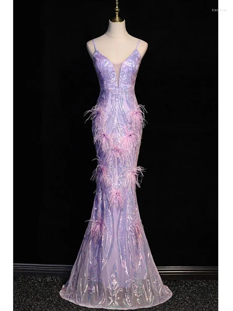Casual Kleider Partysix Violett Frauen Strap Party Maxi Kleid Sexy V-ausschnitt Abend Pailletten Mit Feder Lange Prom 19569