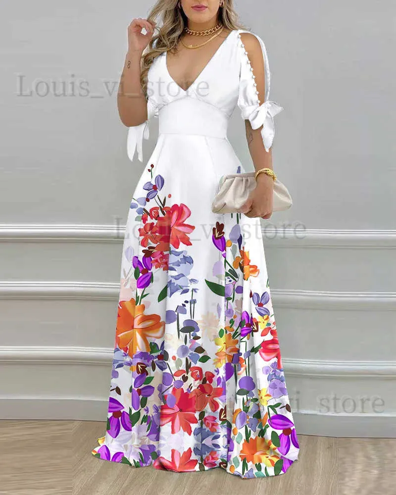 基本的なカジュアルドレス夏の花のプリント女性のための長いドレス新しいファッションスプリットスリーブカジュアルセクシーなマキシドレス