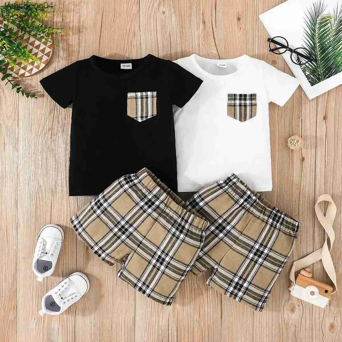 Clothing Sets 2pcs Baby Boy 95% Cotton Short-sleeve Tee and Plaid Shorts Set Suitable for Summer Season Soft and Comfortable