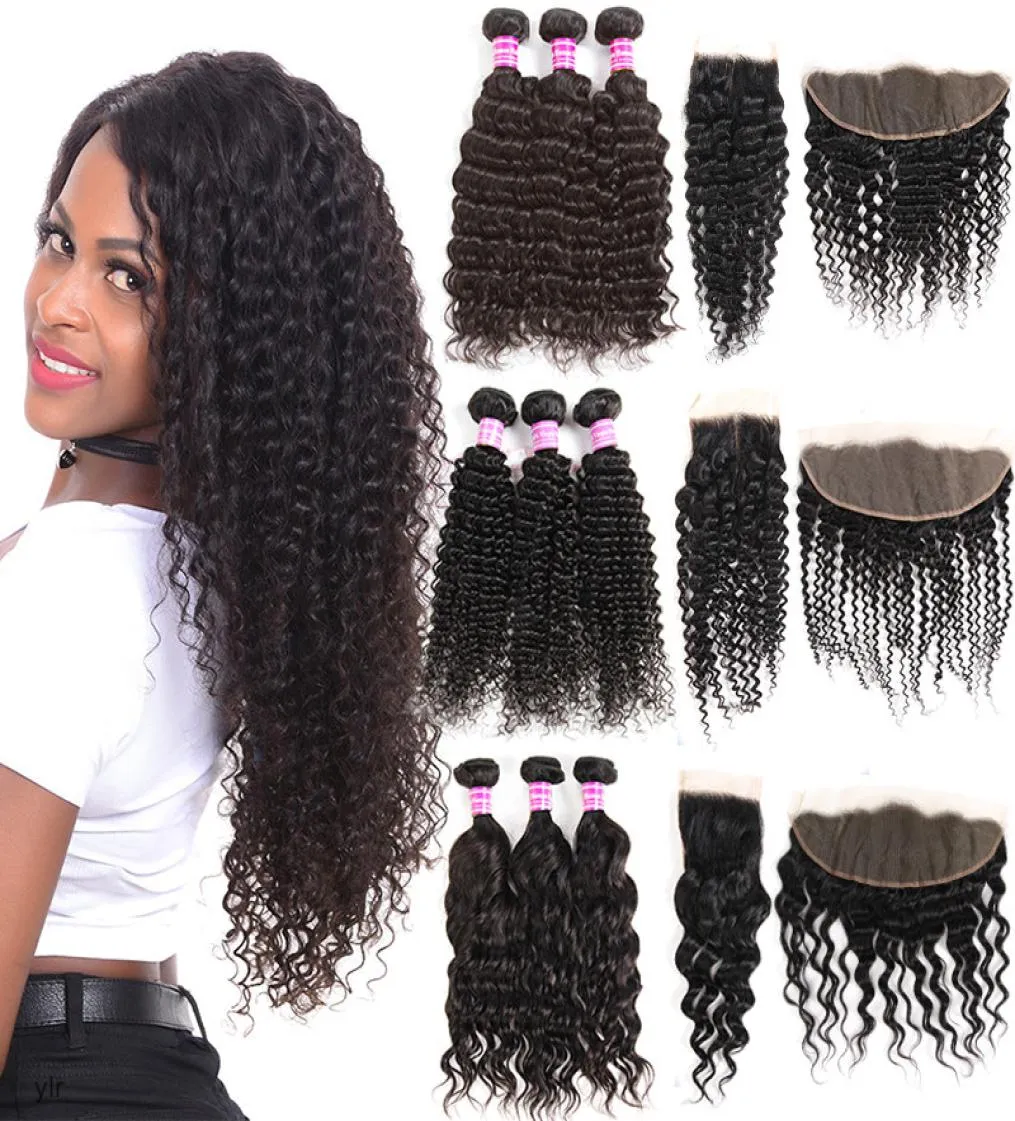 Brazilian Virgin Kinky Curly Human Closure Unprocessed Water Deep Wave Bundles With Lace Frontal Ramy Hair Extensions6692987