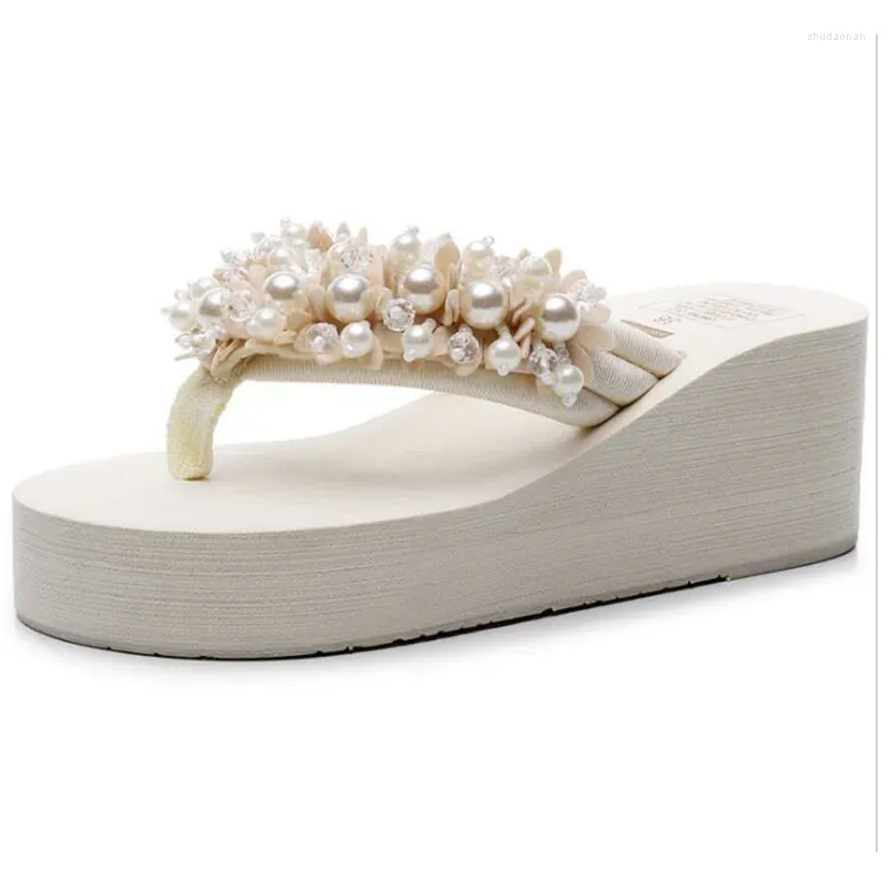 Pantoufles Maogu Plateforme Compensée Chaussure En Cristal Blanc 2024 Tongs Pour Femmes Chaussures De Plage Femmes Sandales Compensées D'été 42