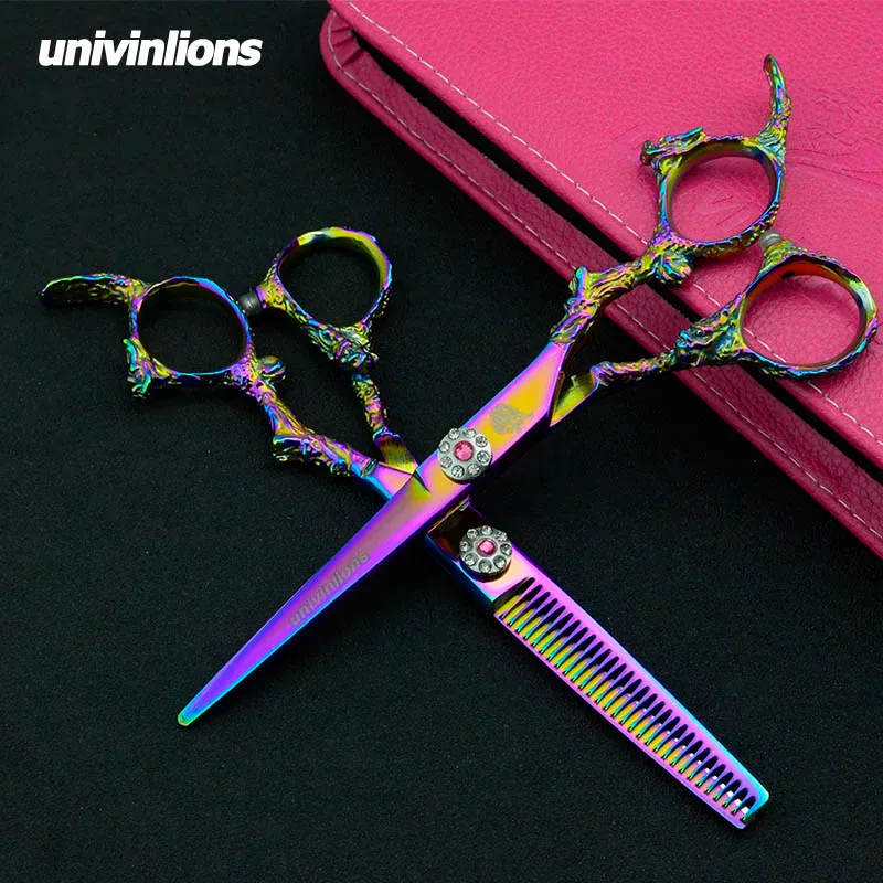 SHARS 5.5/6 "Univinlions Pink Razor Cut Hairdressing Scissors Professionella hår sax Barber Shop Supplies Thunning Rainbow Shears