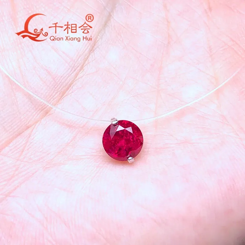 Pendants 925 silver round shape 8mm 390mm fish line invisible simulation Artificial red ruby sapphire jewelry pendant necklace