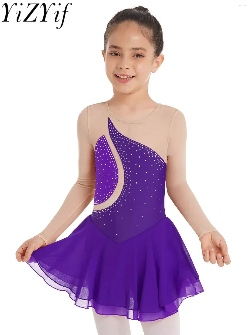 Costume da competizione professionale per body da ginnastica per balletto a rete con maniche lunghe per bambina con strass