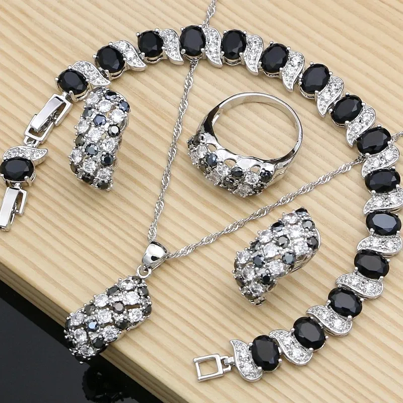 Ensembles Vintage 925 argent strass collier boucles d'oreilles Bracelet bague ensemble bohême noir pierre cassée bijoux de mariage ensembles femmes