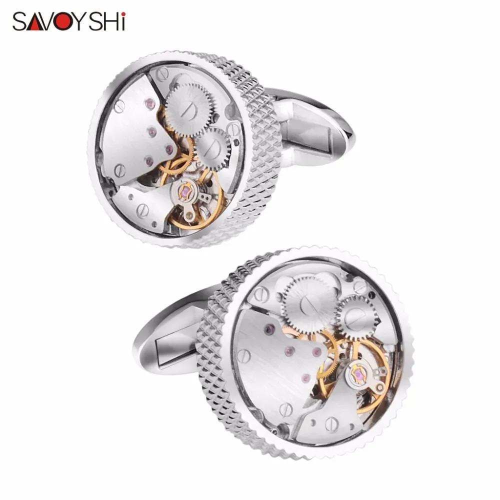 Boutons de manchette SAVOYSHI chemise classique boutons de manchette pour hommes marque de haute qualité ronde mécanique montre mouvement boutons de manchette cadeau d'affaires