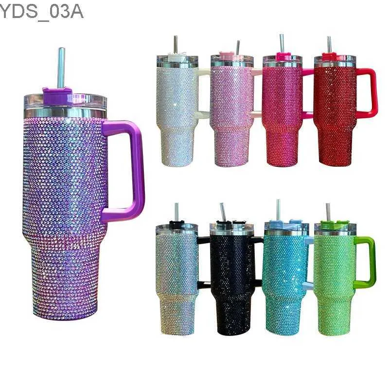 Water Bottles Diamond Thermos Cup with HandleCoffee Insulated Bottle Stainless Steel Car Vacuum Flasks Maintains Heat Cold and Ice 40oz YQ240221