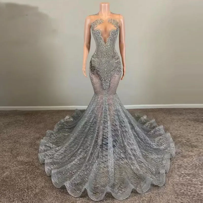 Luxury Silver Prom -klänningar 2024 Se genom Rhinestone Party -klänningar paljett hemkommande klänning tillbaka flickor vestidos de gala