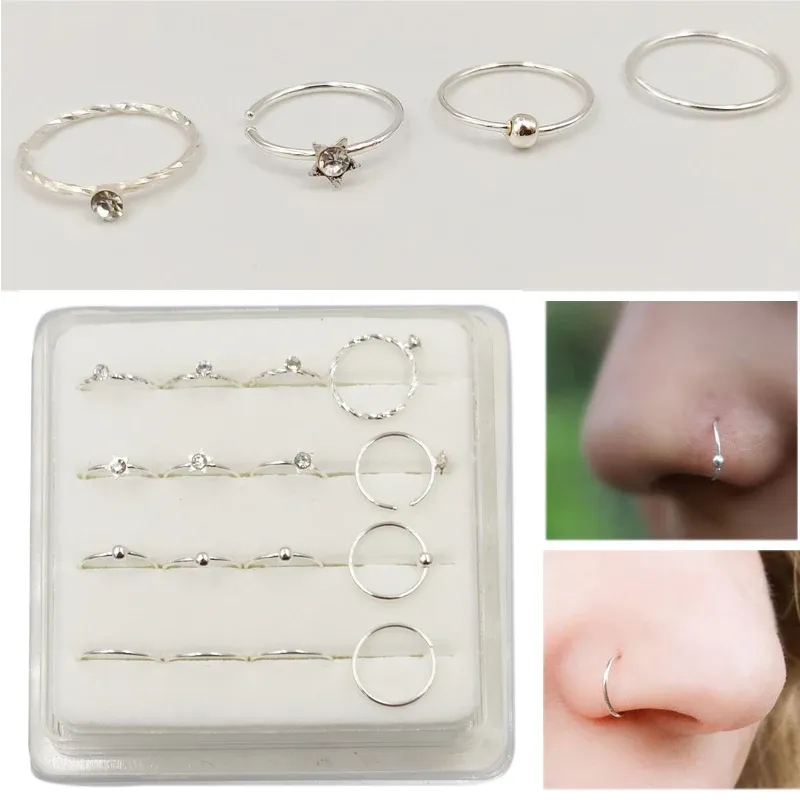 Jewelry 16pcs/pack 925 Sterling Silver hoop Nose Ring 22 G Huggie Earring piercing body jewelry