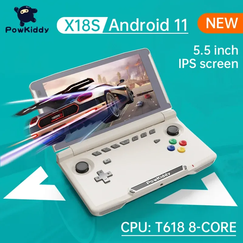 Spelare Powkiddy New X18s Android 11 T618 CHIP 5,5 tum Touch IPS -skärm Flip Handheld Game Cosole Mobile Game Players Ram 4GB ROM 64GB