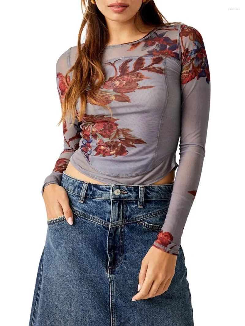 Women's T Shirts Women S Long Sleeve Crop Tops Tight Fitted Round Neck Flower Print See Through Mesh Short For Spring Fall