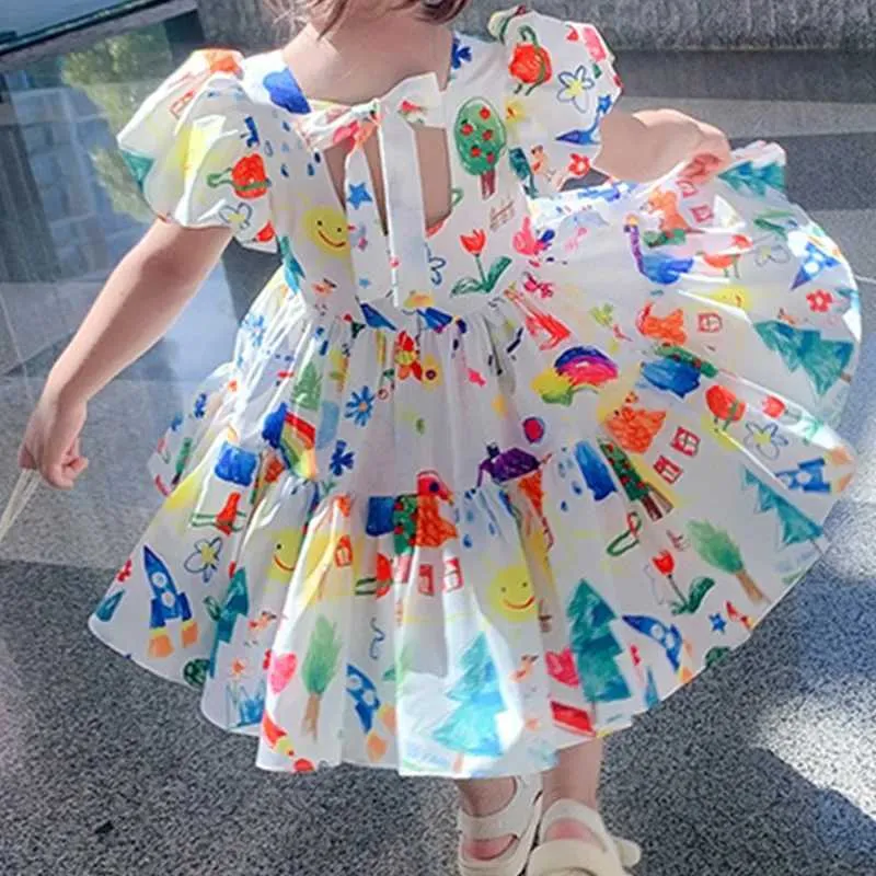 Robes de fille Robe d'été pour filles, manches bouffantes, décontractée, tenue de princesse de fête de dessin animé, vêtements mignons pour enfants, vêtements pour bébés filles, nouvelle collection 2022L2402