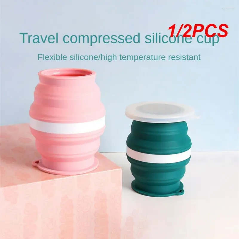 Tazze Piattini 1/2PCS Tazza in Silicone portatile Tazza da viaggio pieghevole Resistente al calore Acqua pieghevole con coperchio Cordino per campeggio esterno