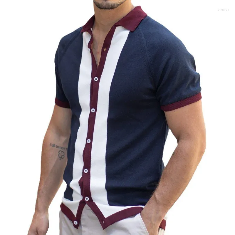 T-shirt da uomo POLO casual in maglia a contrasto di colore patchwork grande monopetto grande