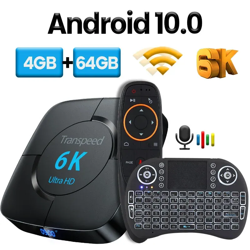 Ontvangers Transpeed Android 10.0 TV Box Voice Assistant 6K 3D Wifi 2.4G 5.8G 4GB RAM 32G 64G Mediaspeler Zeer snelle Box Top Box