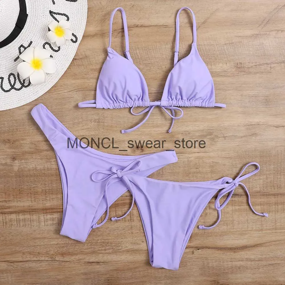 Kvinnors badkläder Summer 3 Piece Bikini Set Women Solid Green Purple Push Up Bra Thong Swimsuit Brazilian Beach Bathing Swumwear Biquinih24222