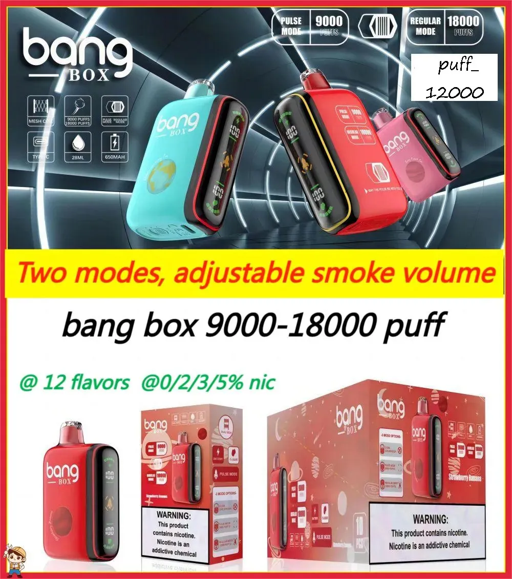 Bang Box 9000 Puff-18000 Puff Set Grand vaporisateur jetable Vape e-cigarette bobine nette lampe LED batterie rechargeable 9000 bouffées 18000 bouffées vaper Deux modes