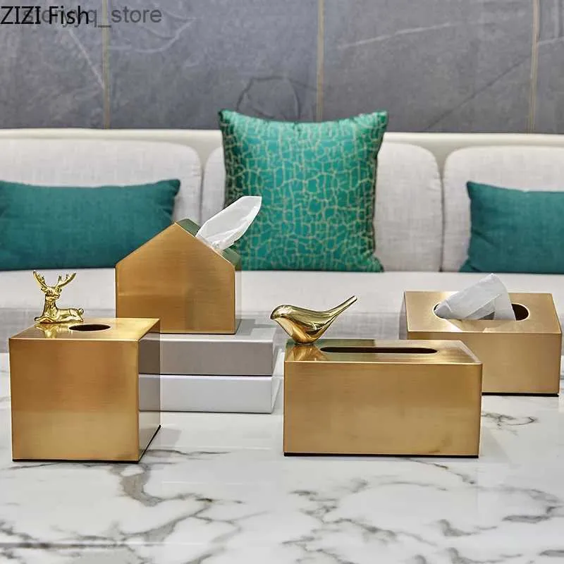 Tissue Boxes Napkins European Luxury Brass Color Tissue Box Creative Geometric Animal Seat Type Storage Tissue Canister Living Room Modern Home Decor Q240222