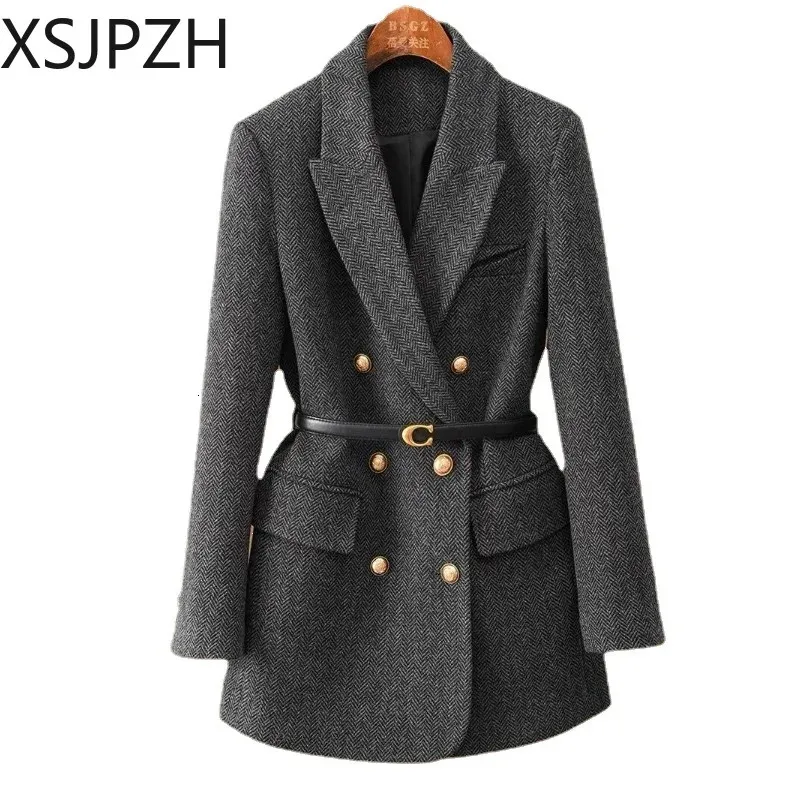 Hiver femmes épaissi chaud Blazer élégant bureau dame manteau en laine avec ceinture Double boutonnage sergé costume veste haut polyvalent 240219