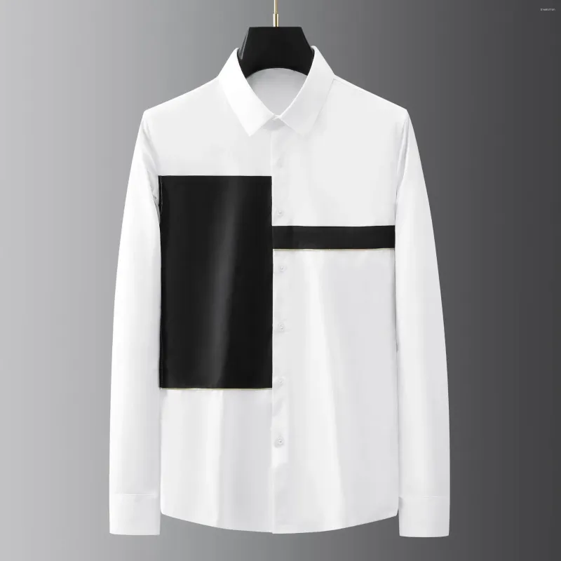 Camisas casuais masculinas geométricas preto e branco patchwork camisa de manga comprida com ajuste fino decoração de fio dourado para roupas da moda