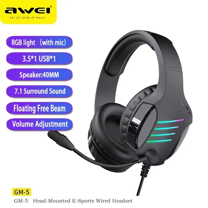 Hörlurar/headset Awei GM5 Gaming Headset 7.1 Surround Sound Hifi Stereo Gamer Wired hörlurar med mikrofon 3,5 mm USB A för PC Computer Laptop